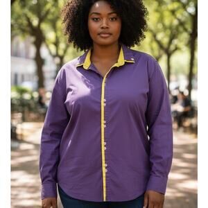 COOFANDY Women's Top Purple Yellow Contrasting Trim XXXL Artsy Cotton